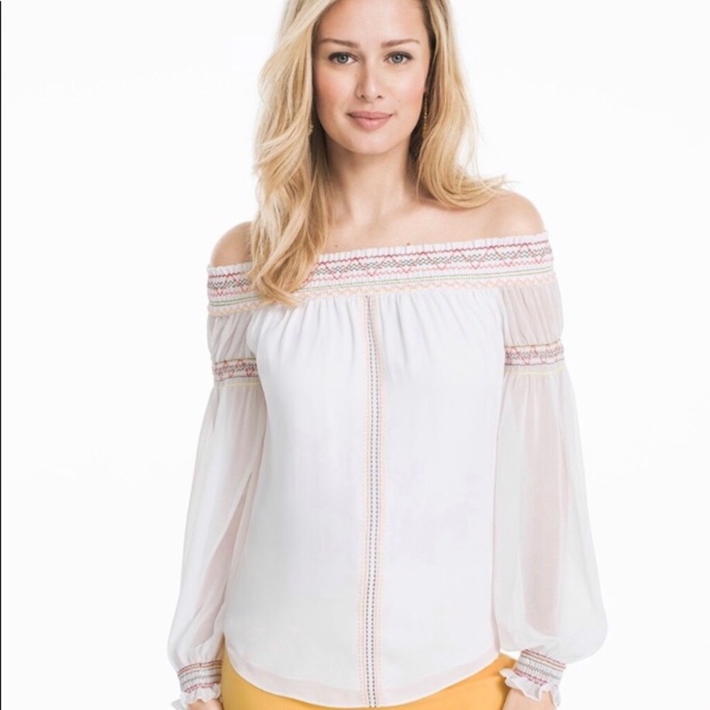 WHBM | White Sheer Lined Embroidered Off Shoulder